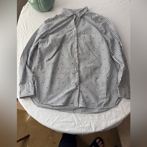Old Navy Classic Collared LS Shirt Gray White Striped w/ Heart Pattern Women’s L - Picture 7 of 13